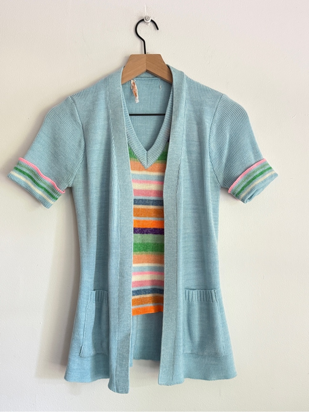 1970s Fashion Import Mock Sweater Set Pastel Blue Short Sleeve Vintage Top M